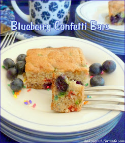 Blueberry Confetti Bars start with a mix, then add fresh fruit, jam and flavor. Mix, bake, and dessert is done. | Recipe developed by www.BakingInATornado.com | #recipe #dessert