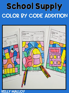 Color by Number Addition Facts School Supply Themed