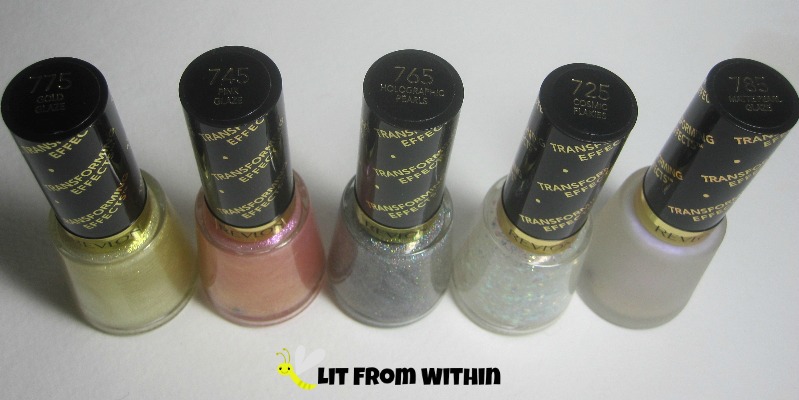 Revlon Transforming Effects Topcoats:  Gold Glaze, Pink Glaze, Holographic Pearls, Cosmic Flakies, and Matte Pearl Glaze.  