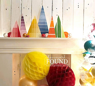 paper crafts,paper,crafting,dollar store crafts,Christmas,Christmas Decor,Christmas tree,color,colorful home,DIY,diy decorating,decorating,gift wrapping,re-purposing,up-cycling,winter,holiday,paper Christmas trees,mantel decor,Christmas trees on mantel,gift wrap crafts, paint chips,paint chip crafts,diy Christmas decor,Christmas mantel,holiday mantel,holiday decorating,holiday decor,colorful Christmas,Dollar Tree