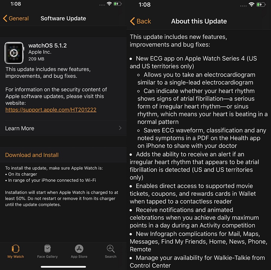 Apple watchOS 5.1.2 Features Changelog