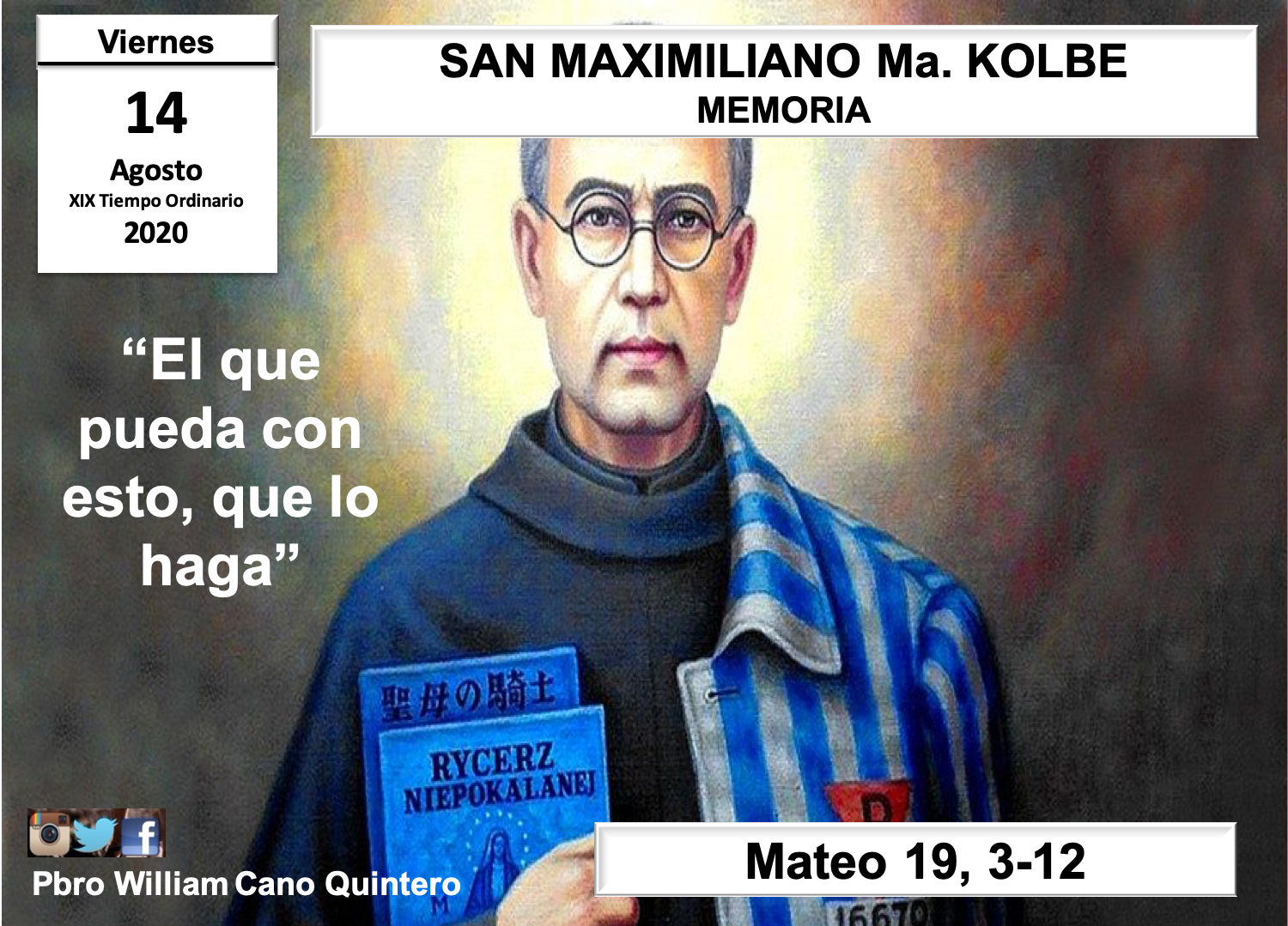 Evangelio Hoy Lecturas de la misa del 14 de agosto de 2020 y reflexión