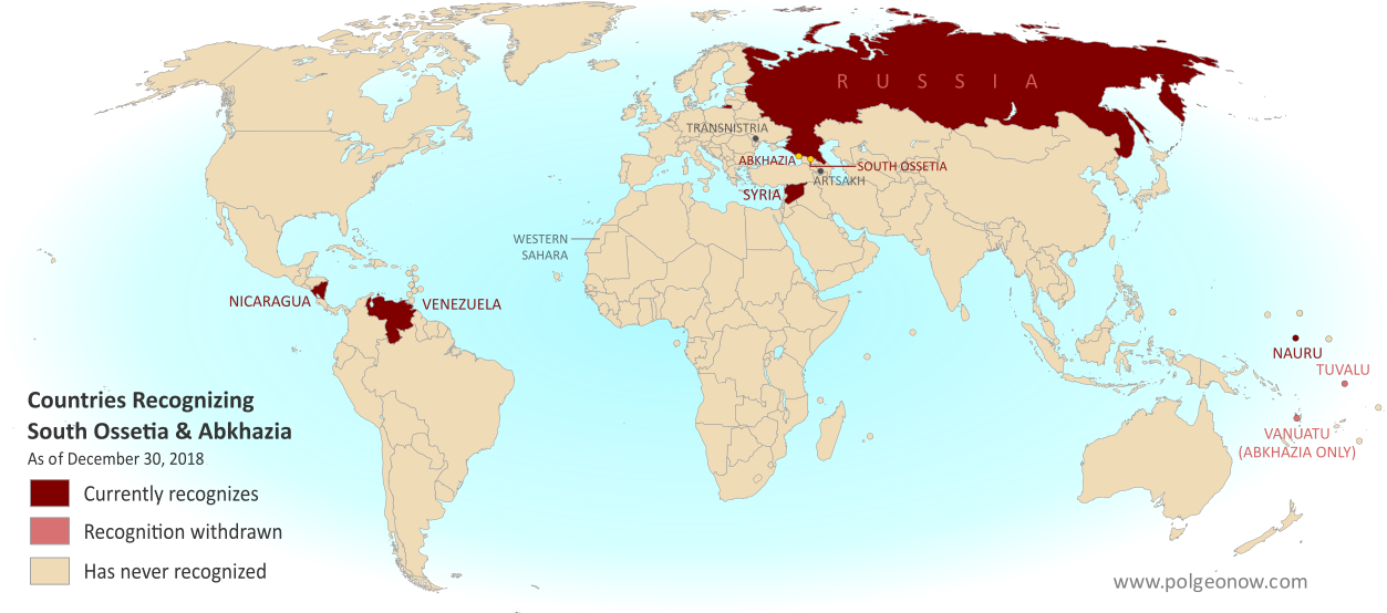 Map of what countries recognize South Ossetia and Abkhazia as independent from Georgia in December 2018. Includes Russia, Nicaragua, Venezuela, Nauru, new recognizer Syria, disputed or withdrawn recognitions from Tuvalu and Vanuatu, and unrecognized countries Transistria, Artsakh (Nagorno-Karabakh), and Western Sahara whose self-proclaimed governments also recognize the so-called Georgian breakaways.(Colorblind accessible)