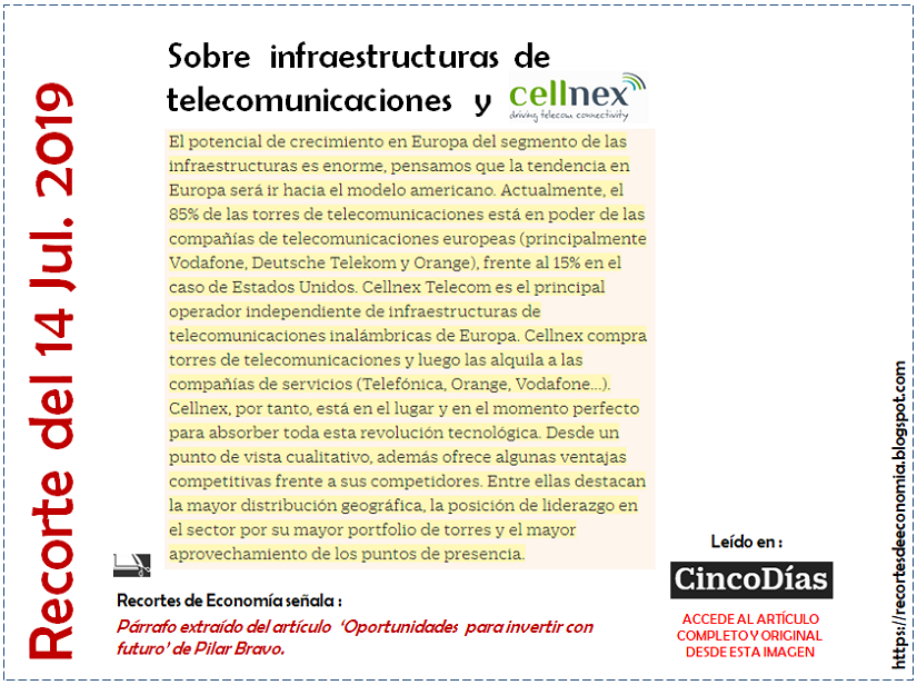  RECORTE: Sobre infraestructuras de telecomunicaciones y Cellnex. 