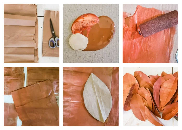 painting lunch bag sheets with mix of copper and brown, cutting out magnolia leaf shapes