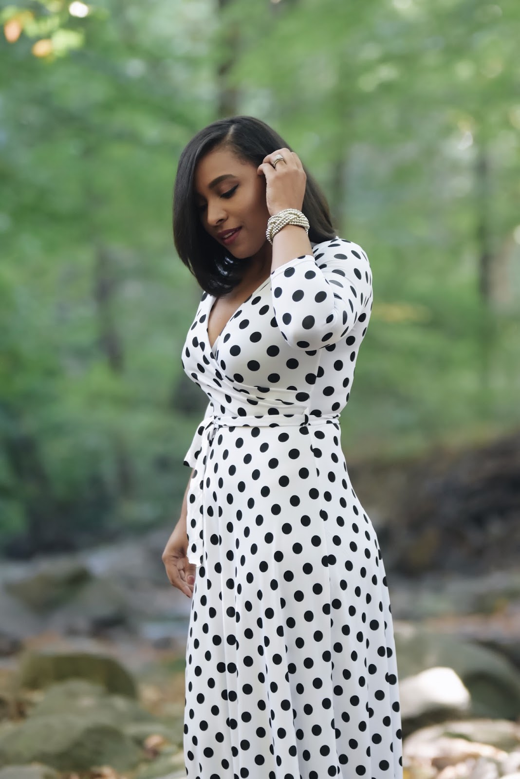 polka dot dress, woods, forest, long dresses, dress ideas for the holidays, black and white, fall outfit ideas