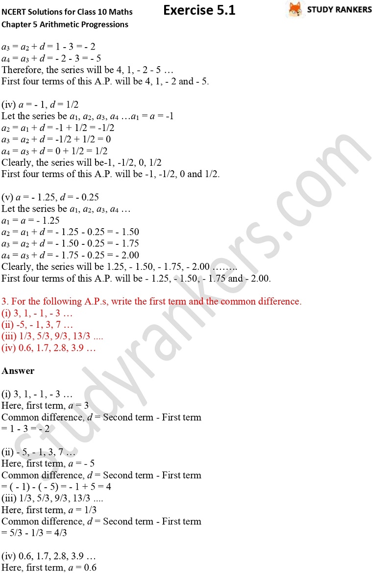 NCERT Solutions for Class 10 Maths Chapter 5 Arithmetic Progressions Exercise 5.1 Part 3