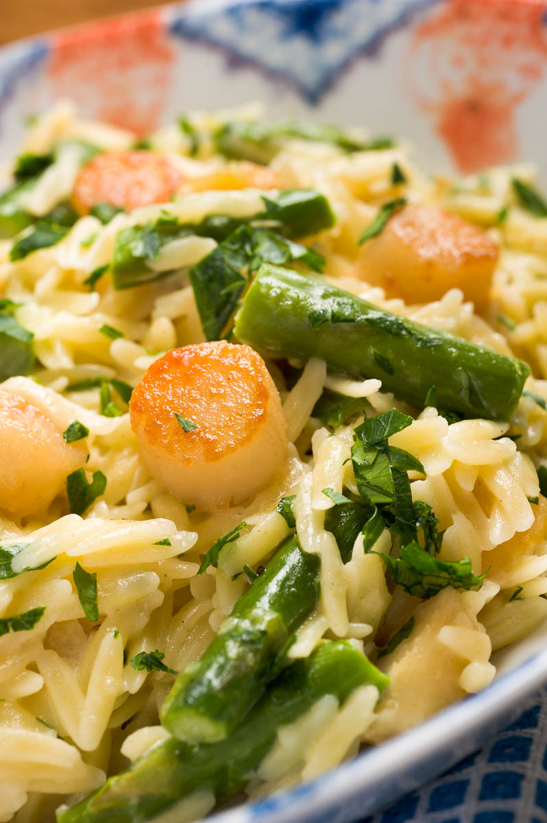 Sugar & Spice by Celeste Creamy Orzo with Bay Scallops, Asparagus