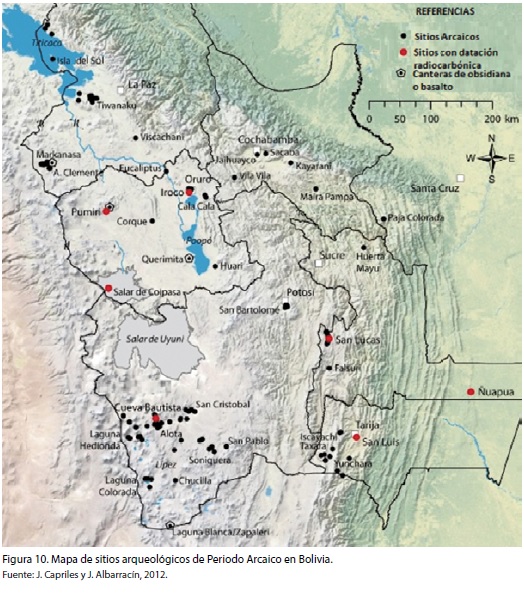 Mapa de sitios arqueológicos de Periodo Arcaico en Bolivia.