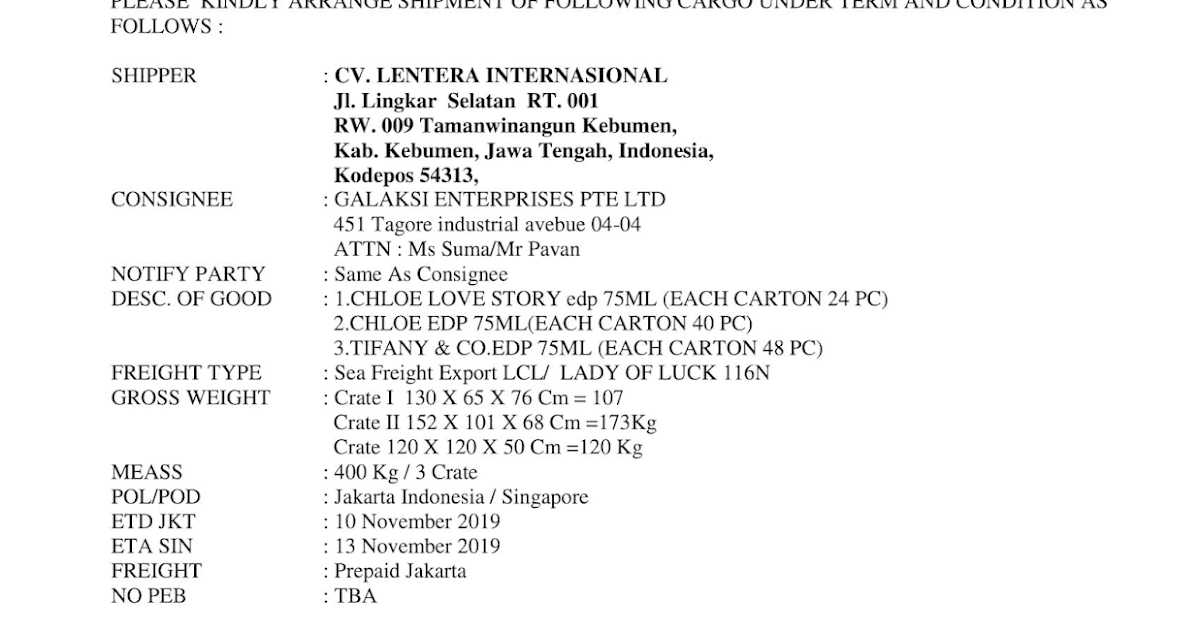 Contoh shipping instruction export LCL,FCL dan Air Freight Sevices