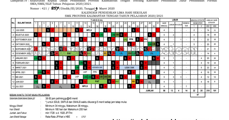 Kalender Pendidikan Tahun Ajaran 2020 2021 Provinsi Kalteng Kurikulum Pelajaran