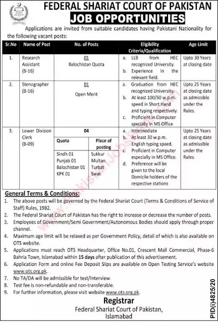Federal Shariat Court of Pakistan Islamabad Jobs 2021