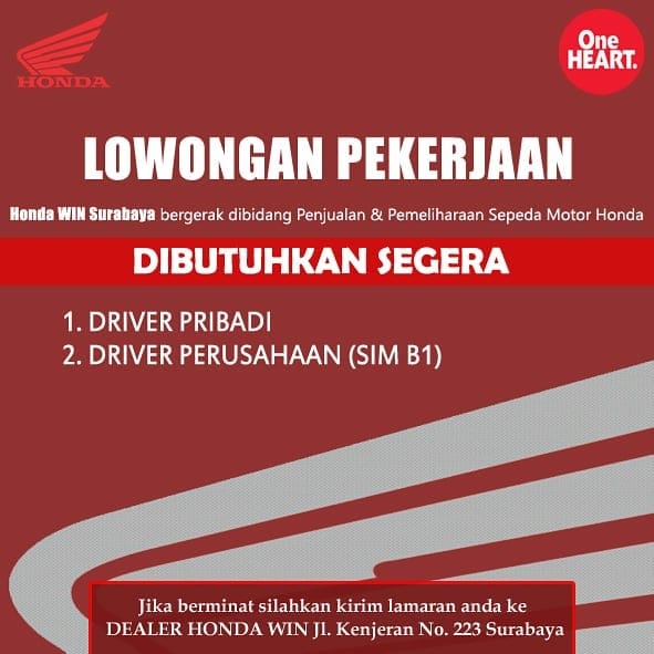lowongan pekerjaan Driver Pribadi dan Perusahaan di Honda WIn Surabaya