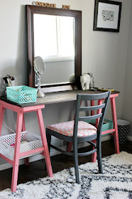 vanity, DIY, stools, spray paint, teen bedroom, mirror, tribal print, makeover, chair, grey paint, http://bec4-beyondthepicketfence.blogspot.com/2015/10/teen-attic-bedroom-easy-vanity.html