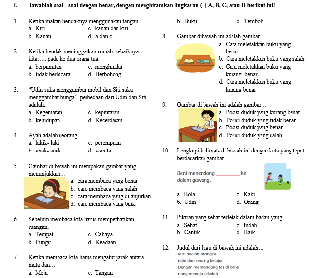 Soal Menjodohkan Kelas 1 Sd