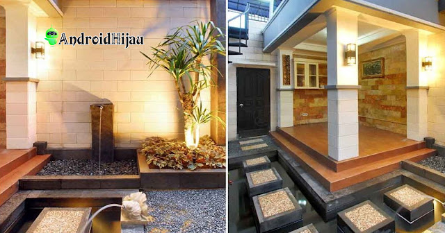 mushola rumah konsep outdoor dengan tempat wudhu dan air mancur