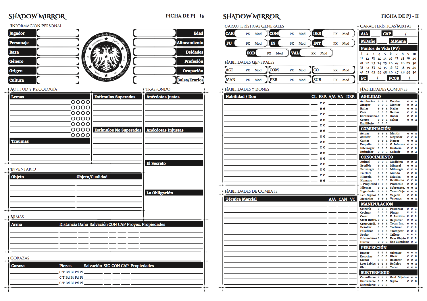 Sinergia de Rol Hoja de personaje para el juego de rol Shadow Mirror