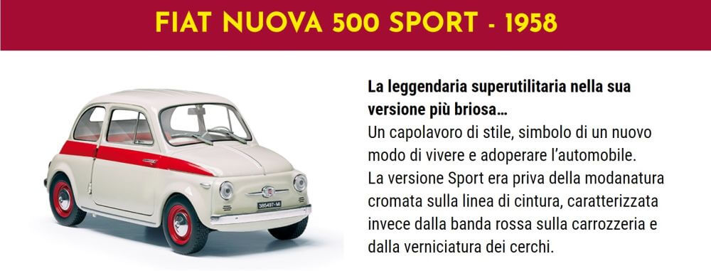 fiat nuova 500 sport 1:24, fiat nuova 500 sport fiat story collection 120 anni di successi, collezione fiat story collection, test fiat story collection 120 anni di successi