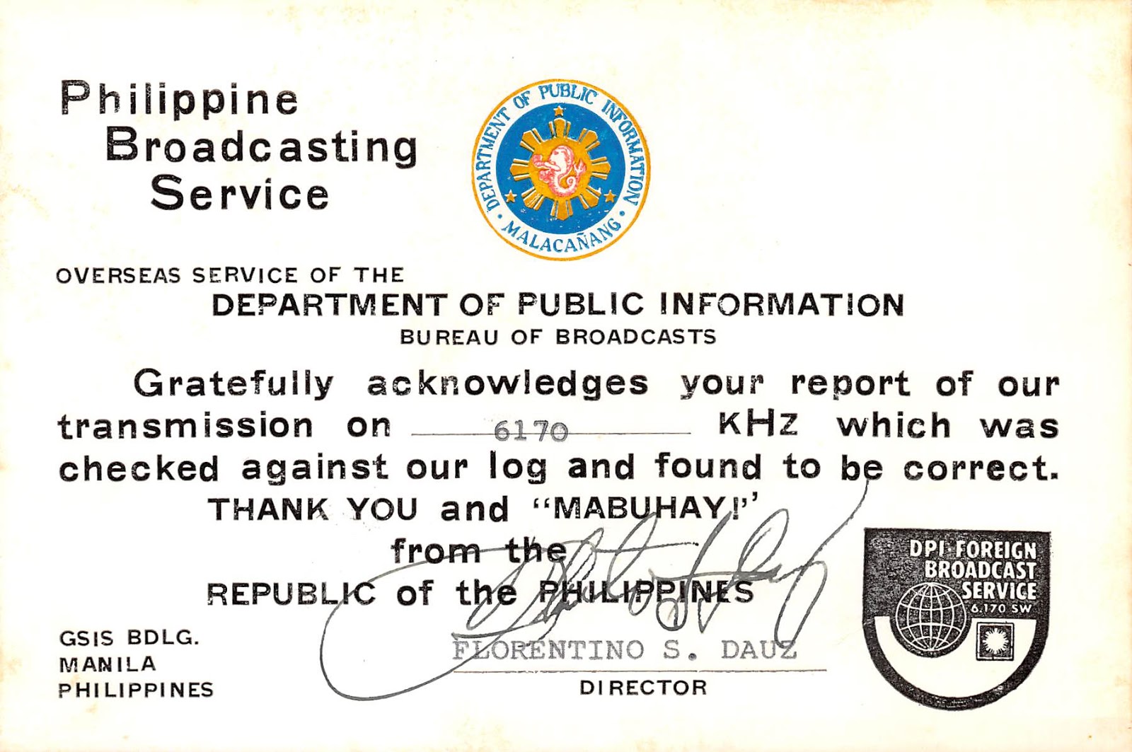 Oceanianオセアニア局QSL PHILIPPINES PHILIPPINE BROADCASTING SERVICE