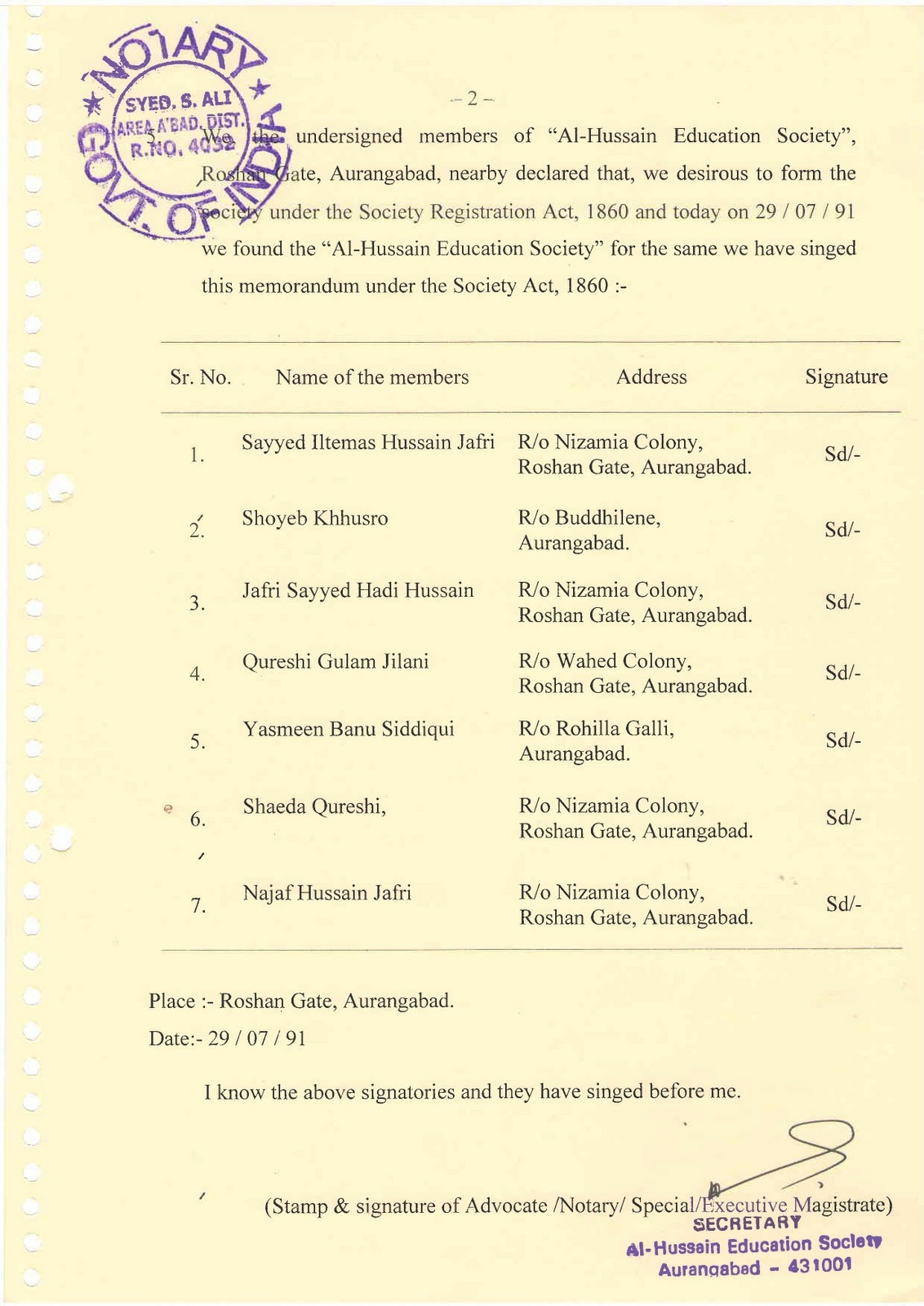 Al-Hussain Education Society-Aurangabad: Memorandum of Association