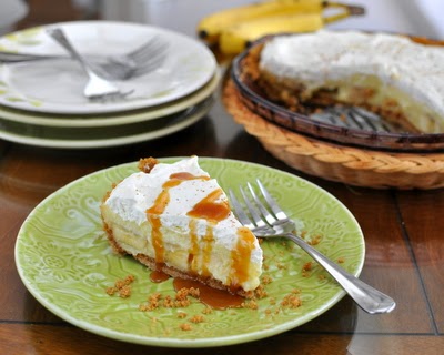 Banana Cream Pie, drizzled with caramel sauce. One pudding recipe for pie, parfaits, pavlova and even (yummm) just plain with chopped banana.