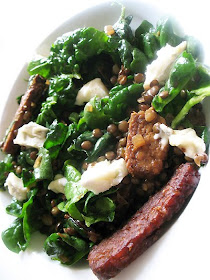 Lentil Salad with Tempeh, Dried Cherries, Spinach and Gorgonzola