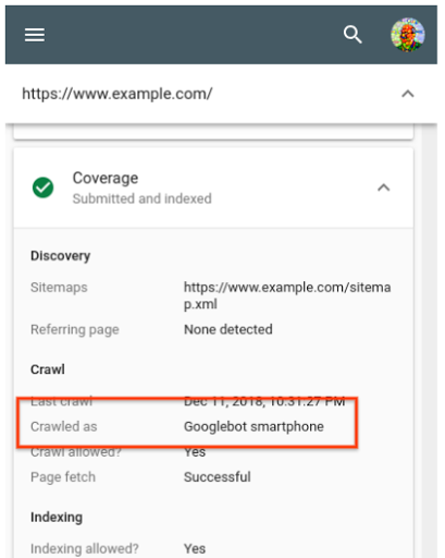 Search Console'da URL Denetleme aracının Tarama aracısı alanının vurgulandığı bir görünüm