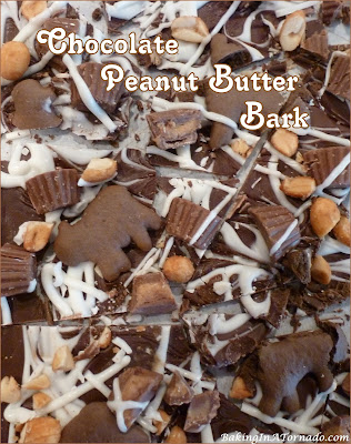 Chocolate Peanut Butter Bark is a sweet treat for chocolate peanut butter lovers. No bake, just melt, assemble, refrigerate, and break apart. | Recipe developed by www.BakingInATornado.com | #recipe #chocolate