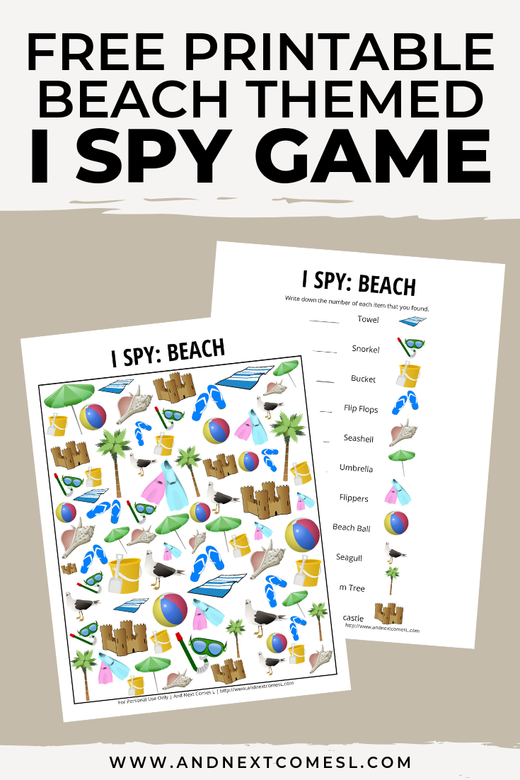 Free I spy game printable for kids: beach themed