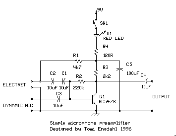 Electret Microphone Preamplifier 1 Transistor |simple schematic diagram