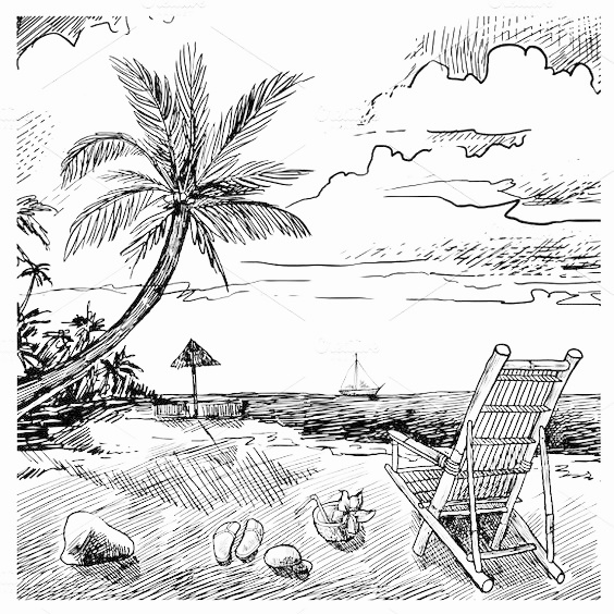 Contoh sketsa gambar pemandangan pantai