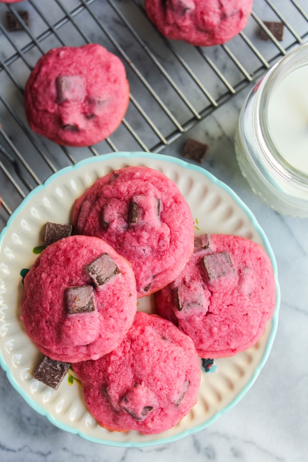 Soft and fluffy, not too sweet, and chocolate chunks in every bite, these Beet Chocolate Chunk Cookies are just as beautiful as they are delicious!