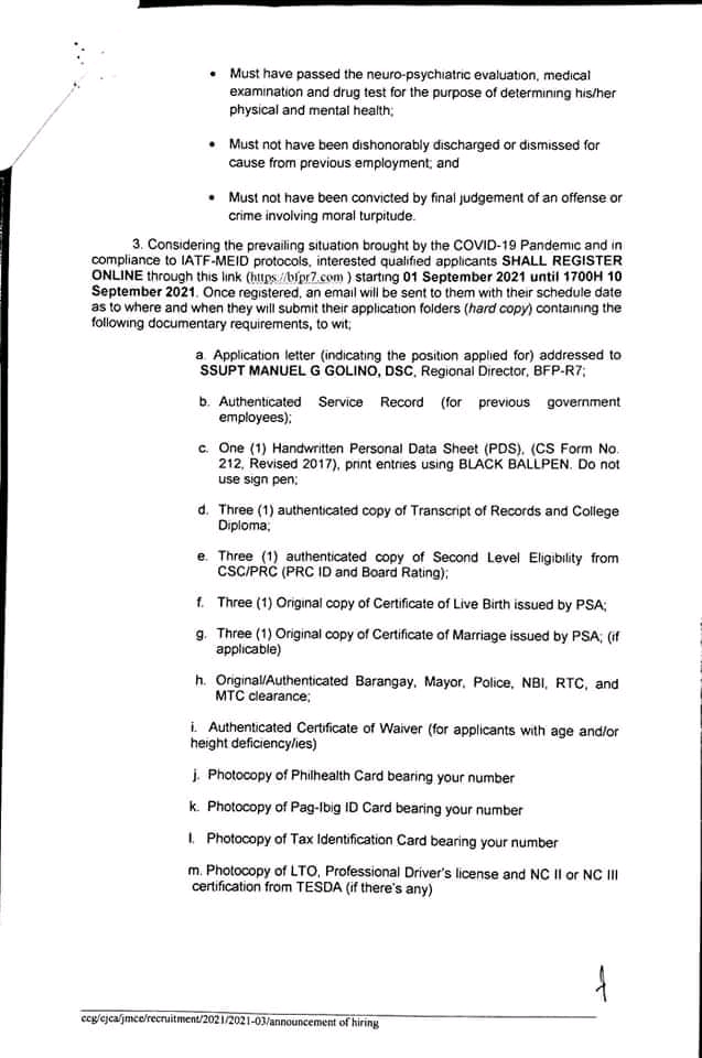 BFP HIRING, REQUIREMENTS AND APPLICATIONS