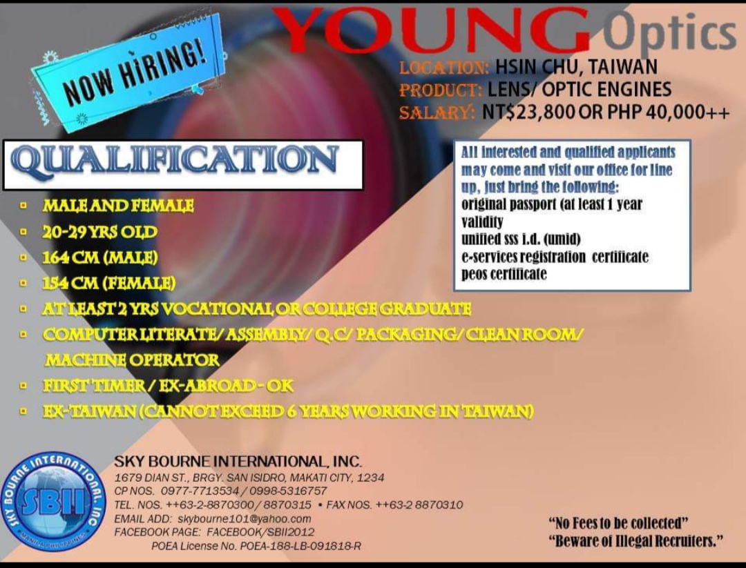 Pinoy Taiwan Jobs Young Optics now hiring Male and Female Factory