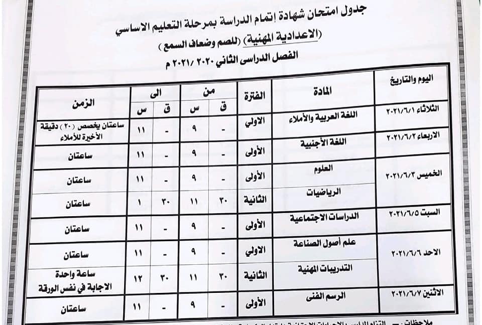 جدول امتحانات الصف الثالث الإعدادي الترم الثاني 2021 محافظة بني سويف 5