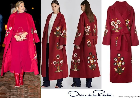Queen Maxima wore Oscar de la Renta claret multi embroidered wool cashmere coat