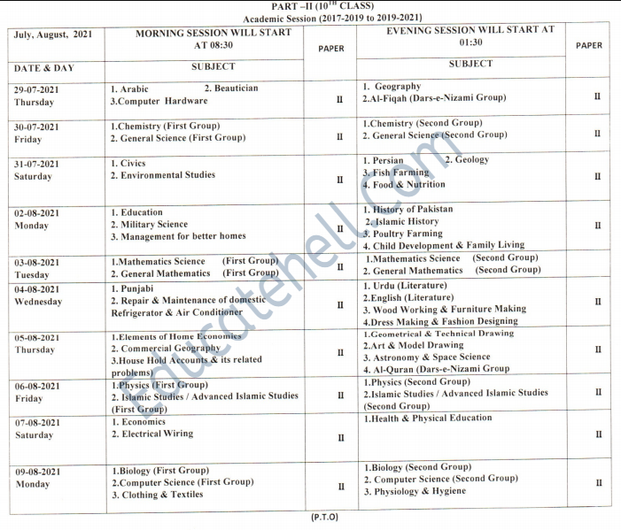 BISE Karachi Board 10th Class Date Sheet 2023 2024