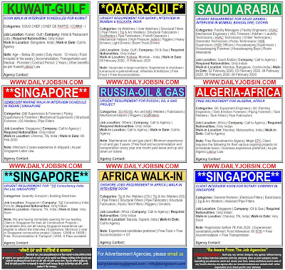 From Tomorrow Walk In Interview Scheduled In India For Singapore Algeria Africa Russia Saudi Arabia Qatar Kuwait Daily Jobs In