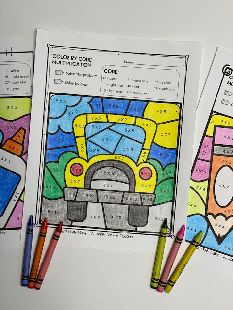 Back to School Color by Number Multiplication Worksheets school bus