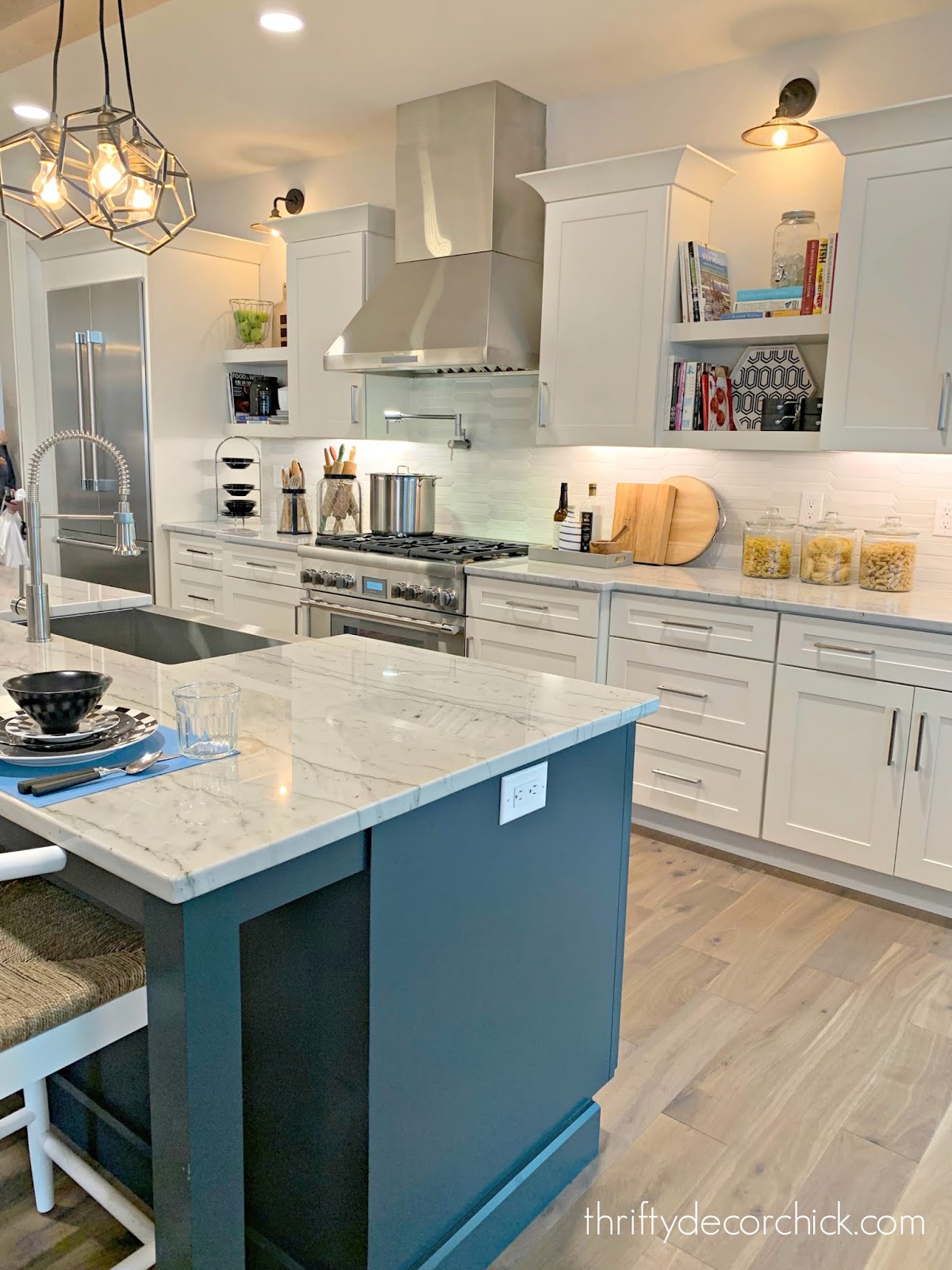 White kitchen mix of cabinets open shelves 