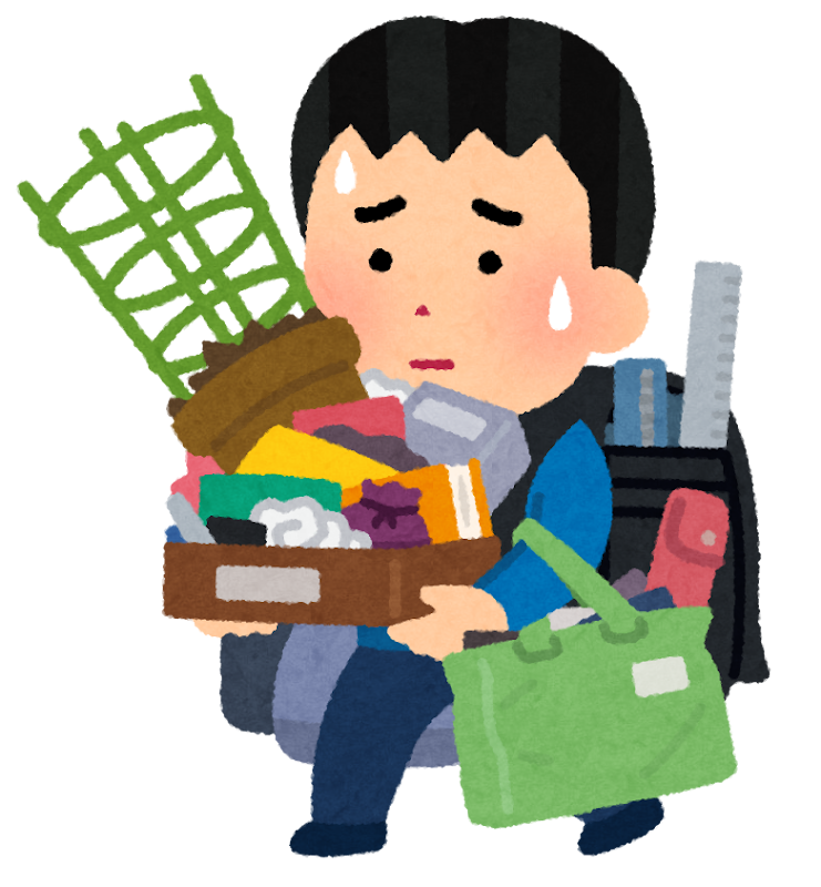 学期末に沢山の荷物を持ち帰る小学生のイラスト 男の子 かわいいフリー素材集 いらすとや