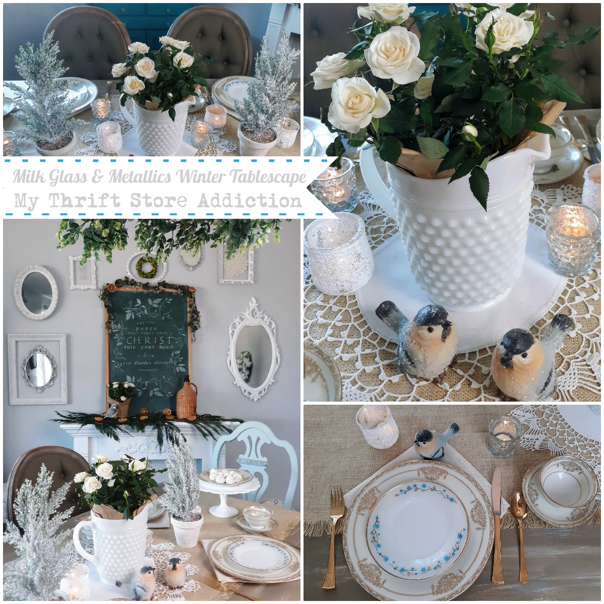 Milk glass and metallics winter tablescape