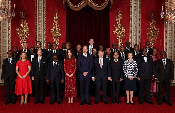 Kate Middleton wore a new red sequined tulle gown by Needle and Thread. The Countess of Wessex wore a stripe knit dress by Alaïa