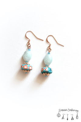 Boucles oreilles pâte polymère canne géométrique Mica Shift turquoise corail blanc Sculpey Cernit Fimo Stenna