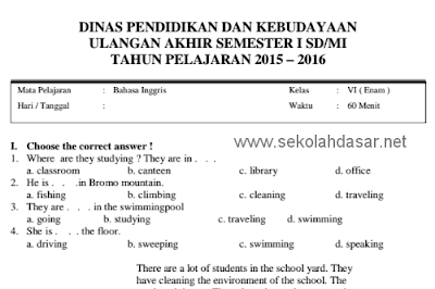 Download soal UAS Bahasa Inggris semester 1 dan kunci jawabannya untuk kelas 6 SD/MI.