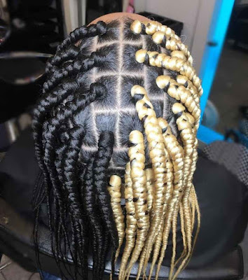 Box braids mixed with black and blonde