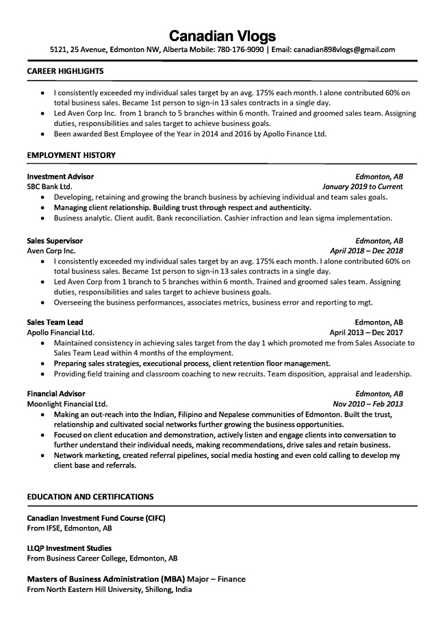 resume format for canada express entry