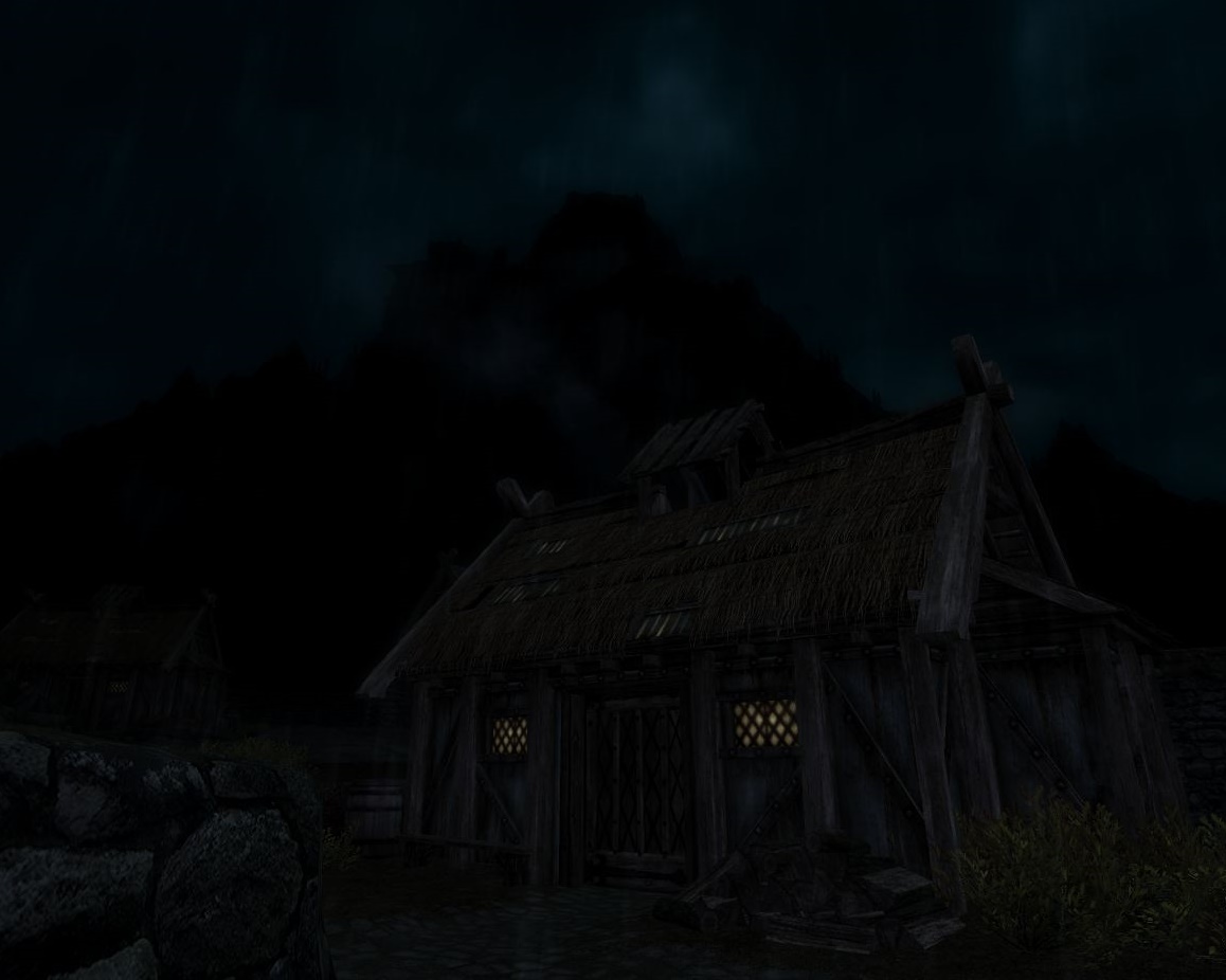 a small wooden house at night, in the rain, another house vaguely visible on the left