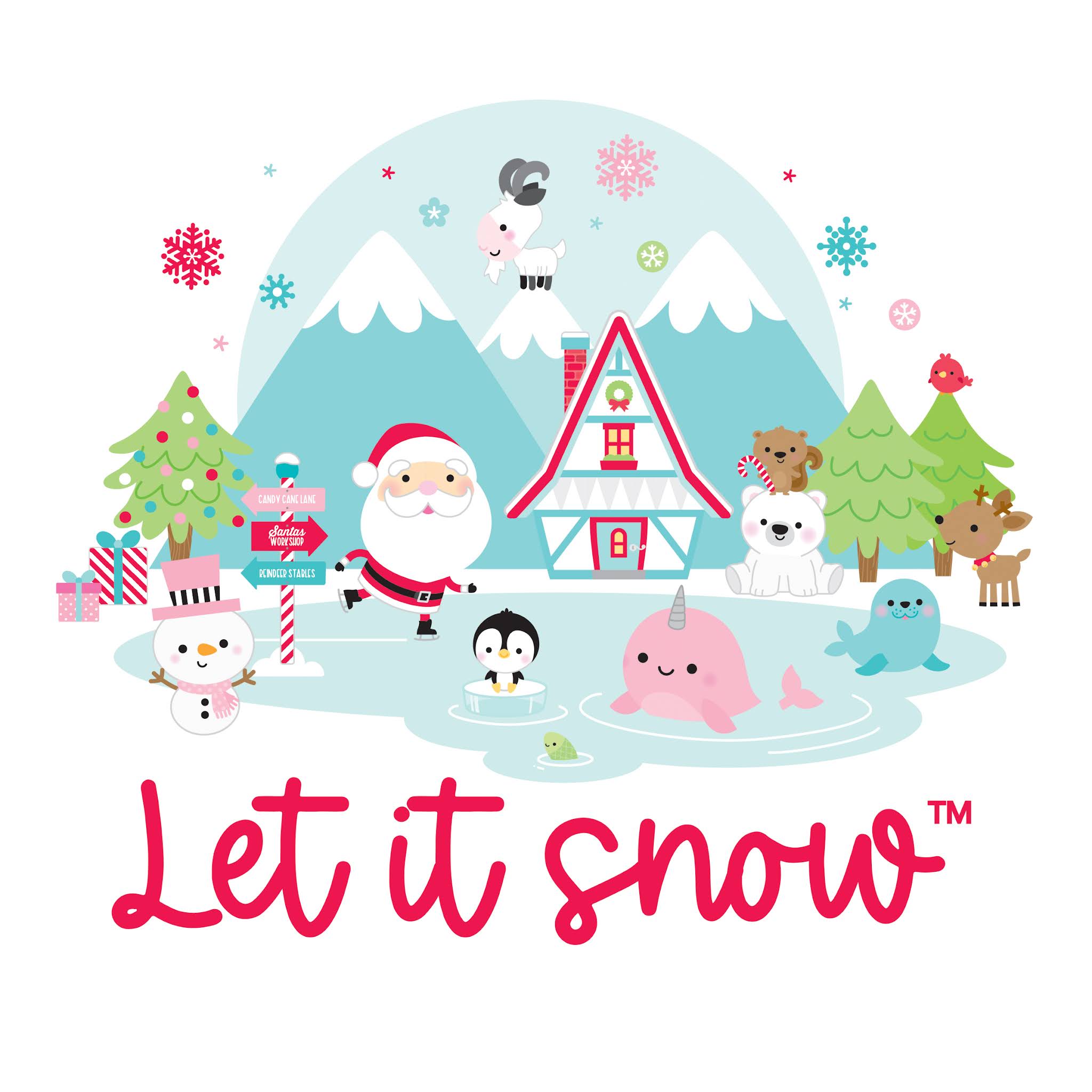cartoon winter scene with "let it snow" in red script
