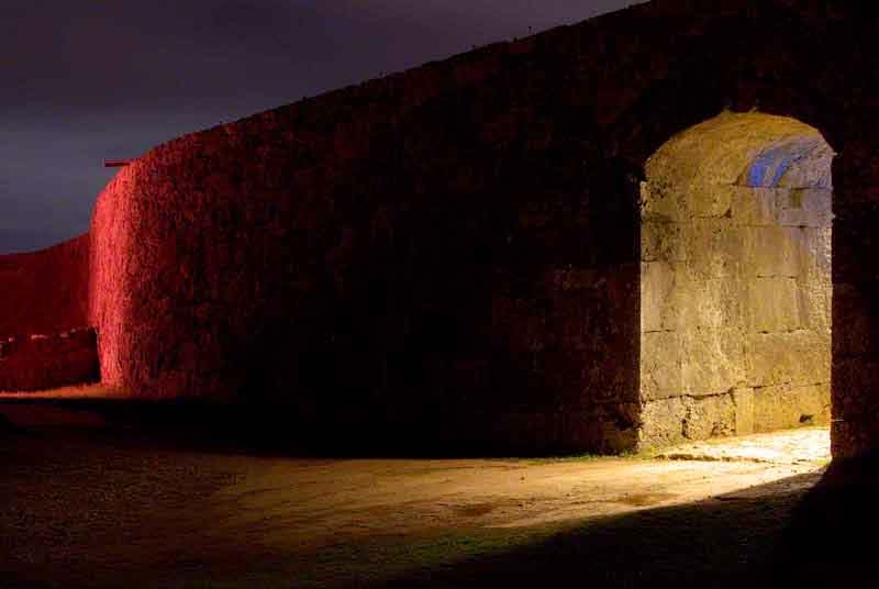 stone archway, Zakimi Castle at night